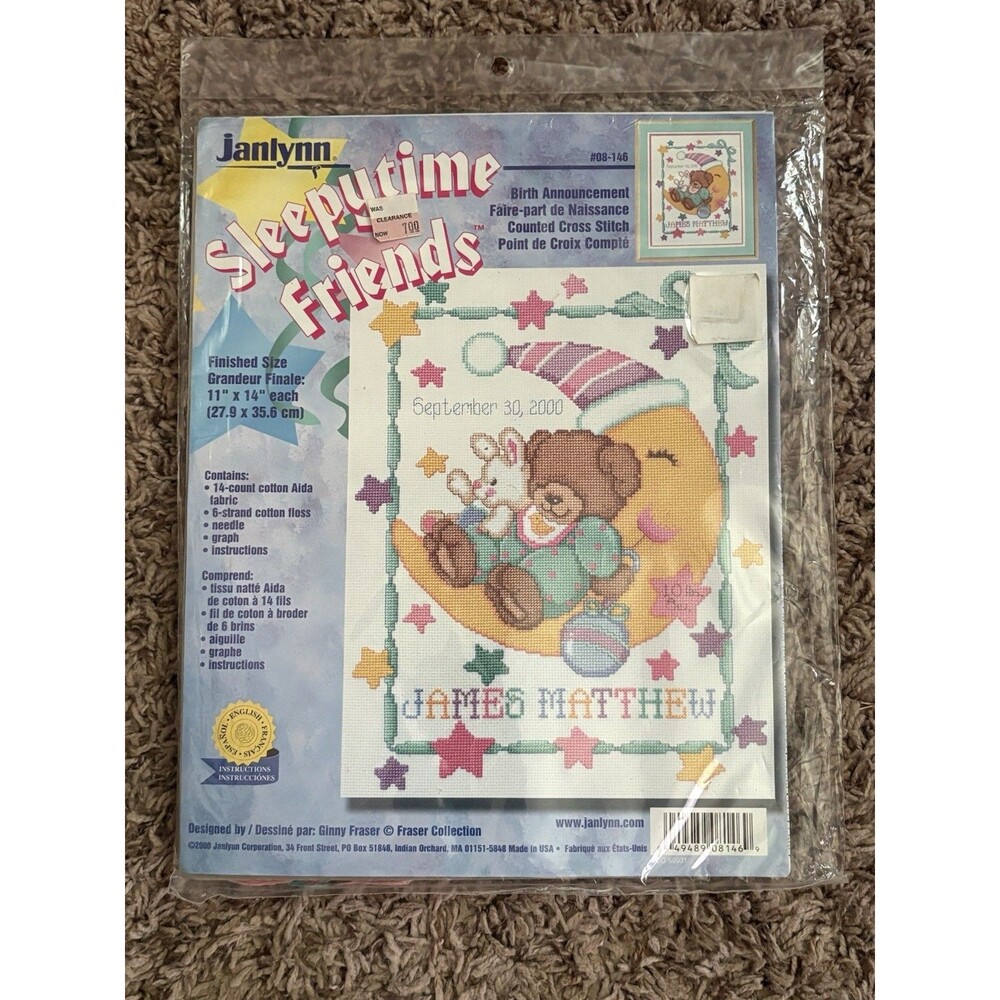 Janlynn Sleepytime Friends #08-146 Birth Announcement Counted Cross Stitch P25C